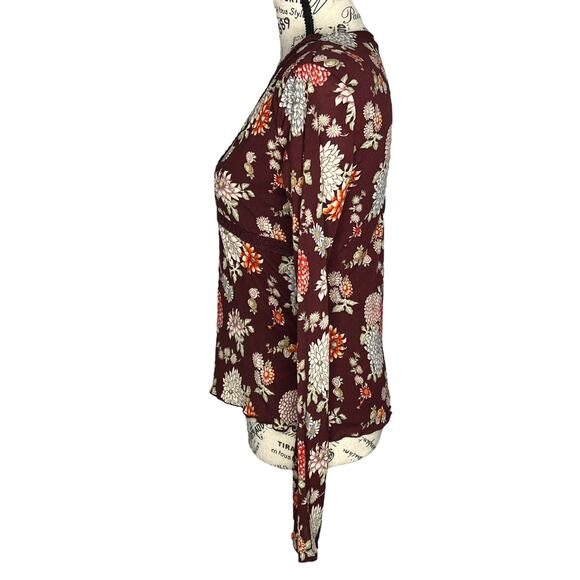 Old Navy MEDIUM Maroon Floral Empire Waist V-Neck Bust Detail Blouse Top - Picture 3 of 16